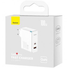 Зарядний пристрій Baseus 1xUSB-C + 1xUSB GaN 100 W + cable USB-C to USB-C white (CCGP090202) - Фото