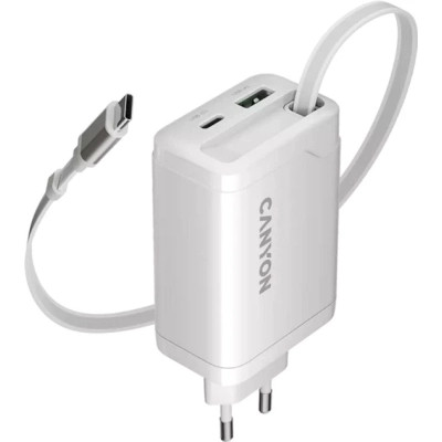 Зарядний пристрій Canyon 1xUSB-C PD65W + 1xUSB QC 3.0 + cable USB-C to USB-C white (CNS-CURC65ACW)