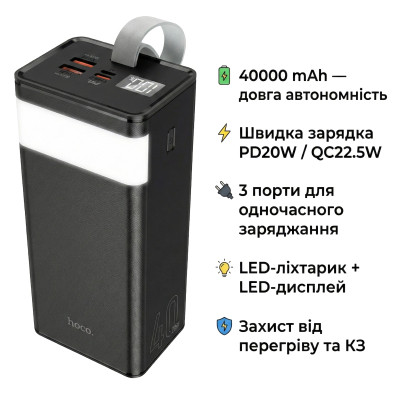 Батарея універсальна HOCO 400000mAh Powermaster PD/20W, QC/22.5W, Lamp, Black (J86 / 714737)