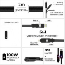 Дата кабель 6in1 inCharge XL 2.0m black Rolling Square (XLM01R) - Фото