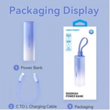 Батарея универсальная VENTION 5000mAh 20W PD, USB-C In/Out, Lightning In/Out, with cable, Gradient Blue (FHWL0) - Фото