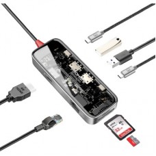Концентратор Promate USB-C 8-in-1 USB-C PD100W + HDMI 4K60Hz + USBC + 2xUSB 3.0 + RJ45 1000Mbps + SD/MicroSD grey (transhub-mini) - Фото