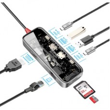 Концентратор Promate USB-C 8-in-1 USB-C PD100W + HDMI 4K60Hz + USBC + 2xUSB 3.0 + RJ45 1000Mbps + SD/MicroSD grey (transhub-mini) - Фото
