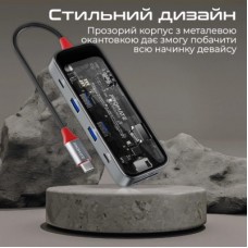 Концентратор Promate USB-C 8-in-1 USB-C PD100W + HDMI 4K60Hz + USBC + 2xUSB 3.0 + RJ45 1000Mbps + SD/MicroSD grey (transhub-mini) - Фото