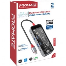 Концентратор Promate USB-C 8-in-1 USB-C PD100W + HDMI 4K60Hz + USBC + 2xUSB 3.0 + RJ45 1000Mbps + SD/MicroSD grey (transhub-mini) - Фото