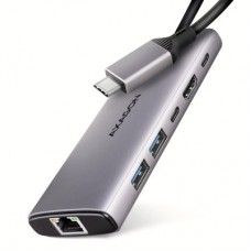 Концентратор AXAGON USB-C to 2xUSB-A + 1xUSB-C + HDMI + RJ45 + PD100W 0.15m gray (HMC-6G2L) - Фото