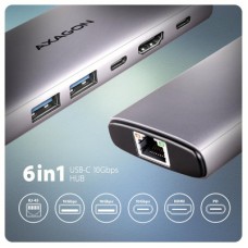 Концентратор AXAGON USB-C to 2xUSB-A + 1xUSB-C + HDMI + RJ45 + PD100W 0.15m gray (HMC-6G2L) - Фото