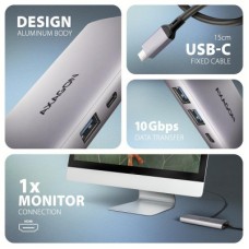 Концентратор AXAGON USB-C to 2xUSB-A + 1xUSB-C + HDMI + RJ45 + PD100W 0.15m gray (HMC-6G2L) - Фото