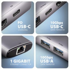 Концентратор AXAGON USB-C to 2xUSB-A + 1xUSB-C + HDMI + RJ45 + PD100W 0.15m gray (HMC-6G2L) - Фото