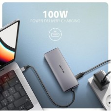 Концентратор AXAGON USB-C to 2xUSB-A + 1xUSB-C + HDMI + RJ45 + PD100W 0.15m gray (HMC-6G2L) - Фото