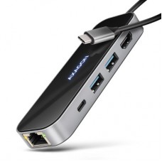 Концентратор AXAGON USB-C to 2xUSB-A + 1xUSB-C + HDMI + RJ45 + PD100W 0.2m grey (HMC-6GLN) - Фото