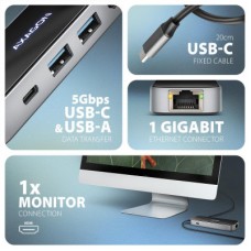 Концентратор AXAGON USB-C to 2xUSB-A + 1xUSB-C + HDMI + RJ45 + PD100W 0.2m grey (HMC-6GLN) - Фото