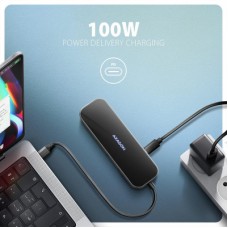 Концентратор AXAGON USB-C to 2xUSB-A + 1xUSB-C + HDMI + RJ45 + PD100W 0.2m grey (HMC-6GLN) - Фото