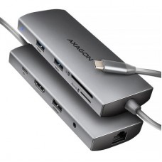 Концентратор AXAGON USBC to 3xUSB-A + HDMI + RJ45 + SD/microSD + audio + PD 100W 0.2m grey (HMC-8HLSA) - Фото