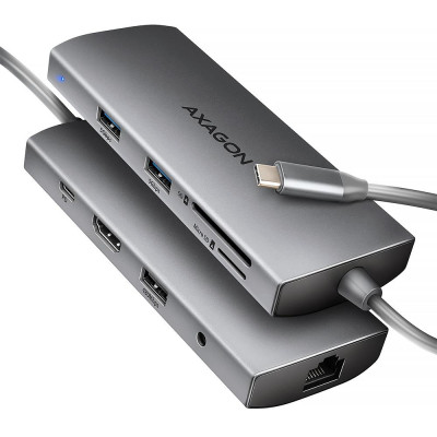 Концентратор AXAGON USBC to 3xUSB-A + HDMI + RJ45 + SD/microSD + audio + PD 100W 0.2m grey (HMC-8HLSA)