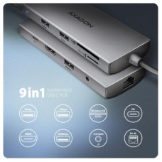 Концентратор AXAGON USBC to 3xUSB-A + HDMI + RJ45 + SD/microSD + audio + PD 100W 0.2m grey (HMC-8HLSA) - Фото