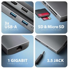 Концентратор AXAGON USBC to 3xUSB-A + HDMI + RJ45 + SD/microSD + audio + PD 100W 0.2m grey (HMC-8HLSA) - Фото