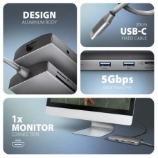 Концентратор AXAGON USBC to 3xUSB-A + HDMI + RJ45 + SD/microSD + audio + PD 100W 0.2m grey (HMC-8HLSA) - Фото