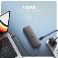 Концентратор AXAGON USBC to 3xUSB-A + HDMI + RJ45 + SD/microSD + audio + PD 100W 0.2m grey (HMC-8HLSA) - Фото