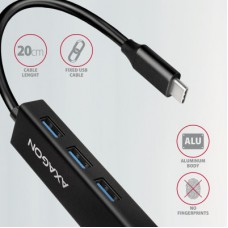 Концентратор AXAGON USB-C to 3xUSB-A + RJ45 0.2m metal black (HMC-GL3A) - Фото