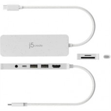 Концентратор J5create USB-C 6-in-1 2xUSB 3.2 + USB-C PD + HDMI 4K + SD/TF + 3.5mm white (JCD373EW-N) - Фото