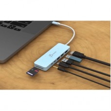 Концентратор J5create USB-C 6-in-1 2xUSB 3.2 + USB-C PD + HDMI 4K + SD/TF + 3.5mm cyan (JCD373EC-N) - Фото