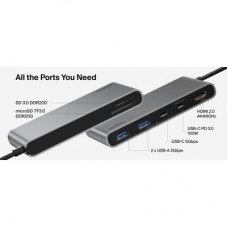 Концентратор Belkin USB-C 7-in-1 2xUSB 3.0 + USB-C + PD + HDMI 2.0 4K60Hz + SD/TF gray (AVC023HQSGY) - Фото