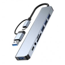 Концентратор Dynamode USB-C/A 8-in-1 1xUSB-C + 1xUSB 3.0 + 3xUSB 2.0 + 3.5mm audio + SD/TF silver (BYL-2218TU) - Фото