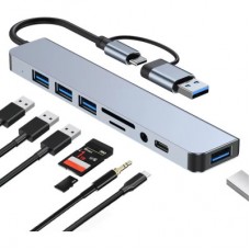 Концентратор Dynamode USB-C/A 8-in-1 1xUSB-C + 1xUSB 3.0 + 3xUSB 2.0 + 3.5mm audio + SD/TF silver (BYL-2218TU) - Фото