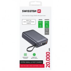 Батарея універсальна SWISSTEN 20000 mAh SPACE 22/5W PD QC w/built-in cables USB-C/LIGHTNING Silver (8595217490598) - Фото