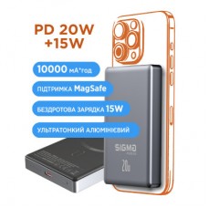 Батарея универсальная Sigma X-power SI10A7QL-MAG grey 10000mAh, Magnetic wireless 15W, PD+QC, 20W max (4827798955116) - Фото