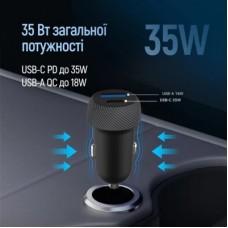Зарядний пристрій ColorWay USB-C PD35W + USB QC3.0 car adapter (CW-CHA064PD-BK) - Фото
