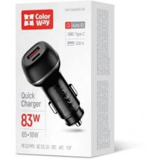 Зарядний пристрій ColorWay USB-C PD65W + USB QC3.0 car adapter (CW-CHA068PD-BK) - Фото