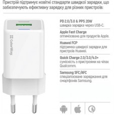 Зарядний пристрій ColorWay USB-C PD20W + 1xUSB QC4.0 white (CW-CHS062PD-WT) - Фото