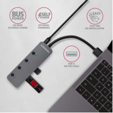 Концентратор AXAGON USB 3.1 to 4xUSB 3.0 0.2m switch black (HUE-MSA) - Фото