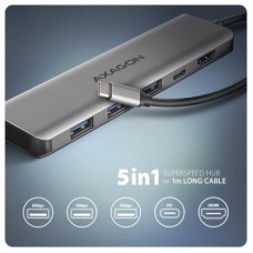 Концентратор AXAGON USB-C to 3xUSB-A + HDMI 5Gbps + PD 100W 1.0m grey (HMC-5H) - Фото