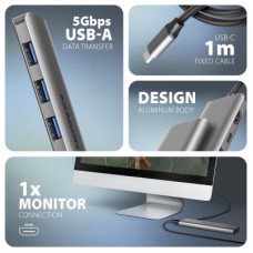 Концентратор AXAGON USB-C to 3xUSB-A + HDMI 5Gbps + PD 100W 1.0m grey (HMC-5H) - Фото