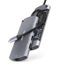 Концентратор AXAGON USB-C to 2xUSB-A + HDMI + RJ45 + SATA M.2 + PD 100W 0.18m grey (HMC-6M2) - Фото