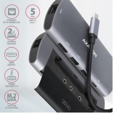 Концентратор AXAGON USB-C to 2xUSB-A + HDMI + RJ45 + SATA M.2 + PD 100W 0.18m grey (HMC-6M2) - Фото
