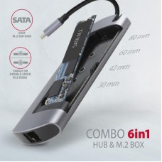 Концентратор AXAGON USB-C to 2xUSB-A + HDMI + RJ45 + SATA M.2 + PD 100W 0.18m grey (HMC-6M2) - Фото