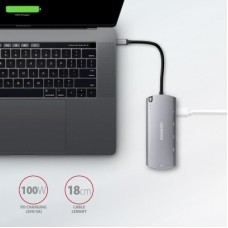 Концентратор AXAGON USB-C to 2xUSB-A + HDMI + RJ45 + SATA M.2 + PD 100W 0.18m grey (HMC-6M2) - Фото