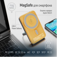 Батарея универсальная ColorWay 10 000 mAh PD/22.5W, 15W MagSafe & Watch Wireless Amber (CW-PB100LPA2Y-WPDD) - Фото