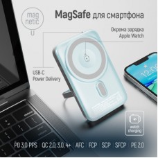 Батарея универсальная ColorWay 10 000 mAh PD/22.5W, 15W MagSafe & Watch Wireless Aquamarine (CW-PB100LPA2MT-WPDD) - Фото