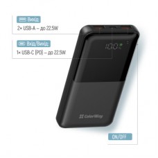 Батарея универсальная ColorWay 10 000 mAh PD/22.5W, QC/3.0, LCD, Black (CW-PB100LPB3BK-PDD) - Фото