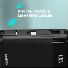 Батарея универсальная Canyon 10000mAh OnPower 104 PD/20W, QC/22.5W built-in cable Black (CNS-CPB104B) - Фото