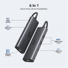 Концентратор Ugreen USB-C to HDMI + 2xUSB 3.2 + USB-C 3.2 + RJ45 + PD CM512 gray (45000) - Фото