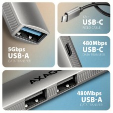 Концентратор AXAGON USB-C to 1xUSB-A 5Gbps + 2xUSB-A 480Mbps + 1xUSB-C 480Mbps 0.12m aluminum (HUE-STC) - Фото