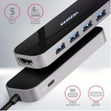 Концентратор AXAGON USB-C 6-in-1 to 4xUSB-A 5Gbps + 1xUSB-C PD100W + HDMI 4K30Hz 0.2m aluminum (HMC-6H4A) - Фото