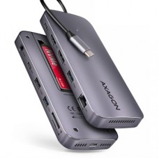 Концентратор AXAGON USB-C 12-in-1 HDMI + DisplayPort + RJ45 1000Mbps + PD100W aluminum gray (HMC-12GM2) - Фото
