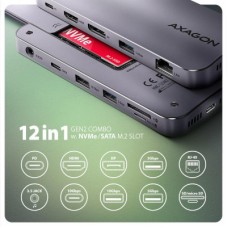 Концентратор AXAGON USB-C 12-in-1 HDMI + DisplayPort + RJ45 1000Mbps + PD100W aluminum gray (HMC-12GM2) - Фото